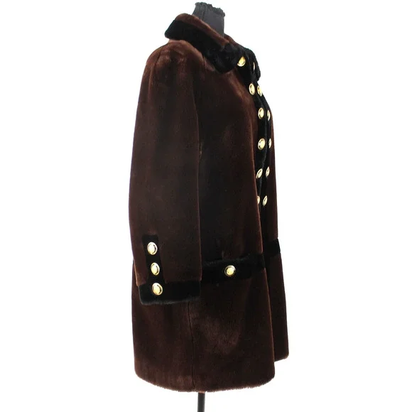 St. John Faux Fur Coat Collection Brown Black Zip Up Mid Length Gold Buttons S